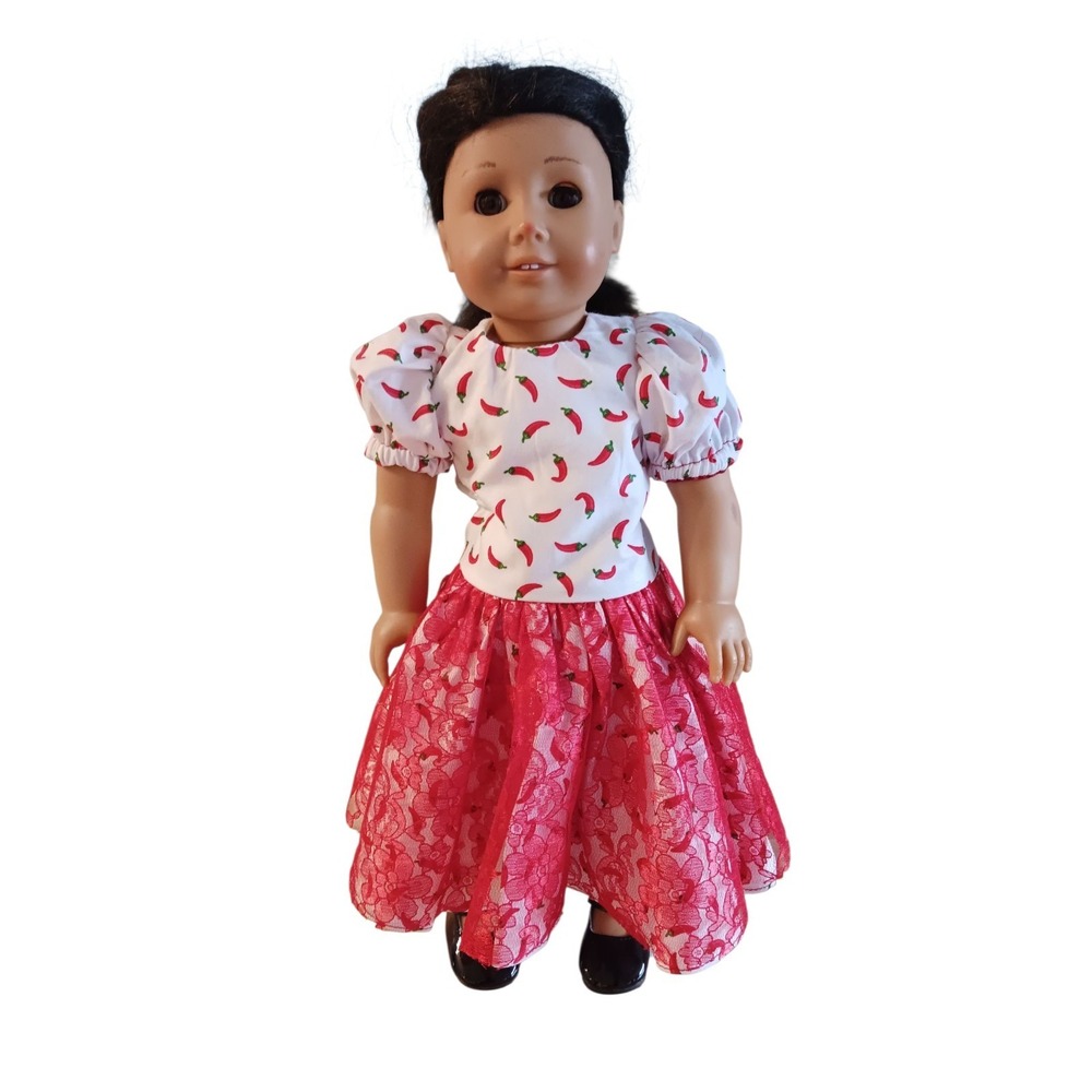 Handmade Cotton Lace 18" Red Chili pepper Print‎ dress Fit American Girl doll